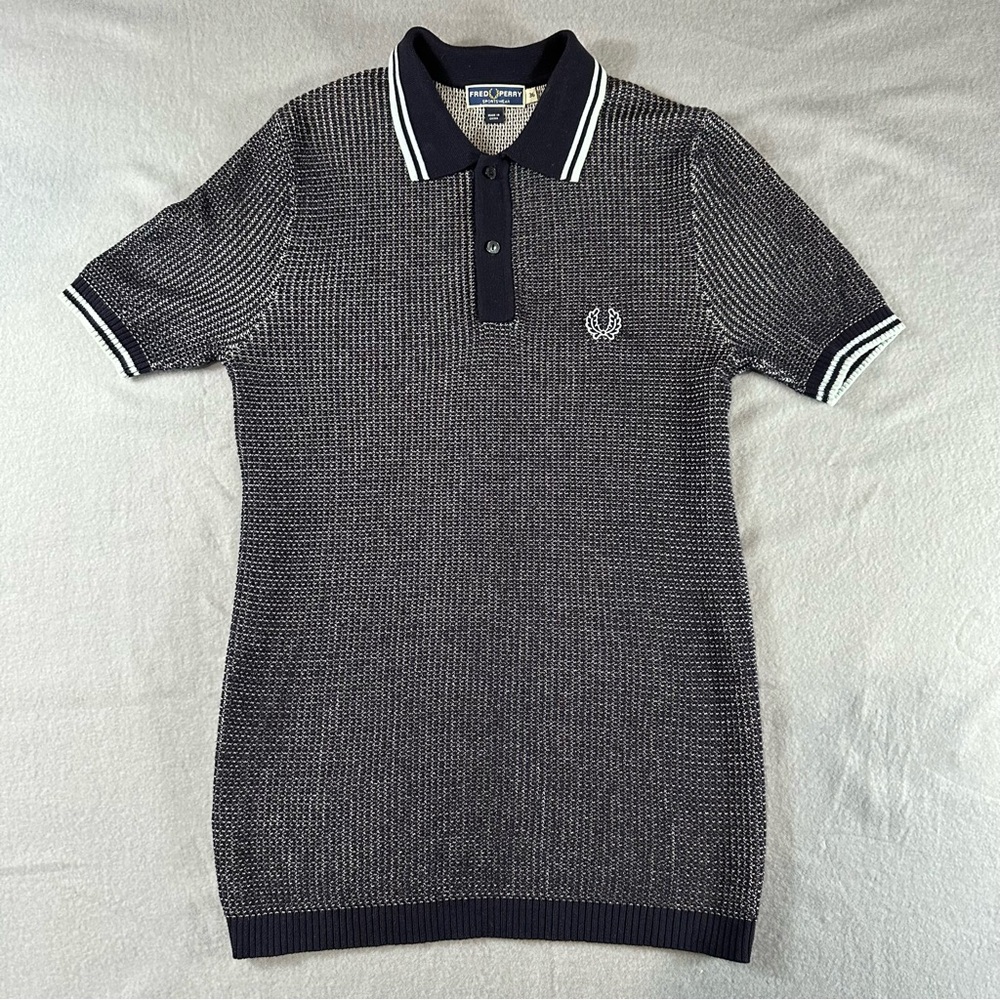 Fred Perry Navy Textured Knit Polo Shirt Men’s 36 XS